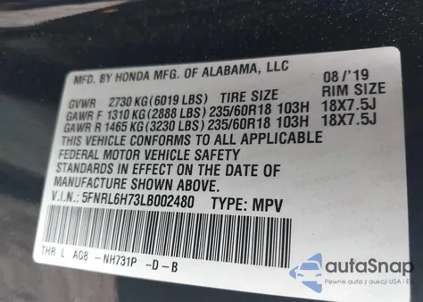 2020 Honda Odyssey Ex-L/Ex-L W/Navi Res from USA, damaged, VIN 5FNRL6H73LB002480